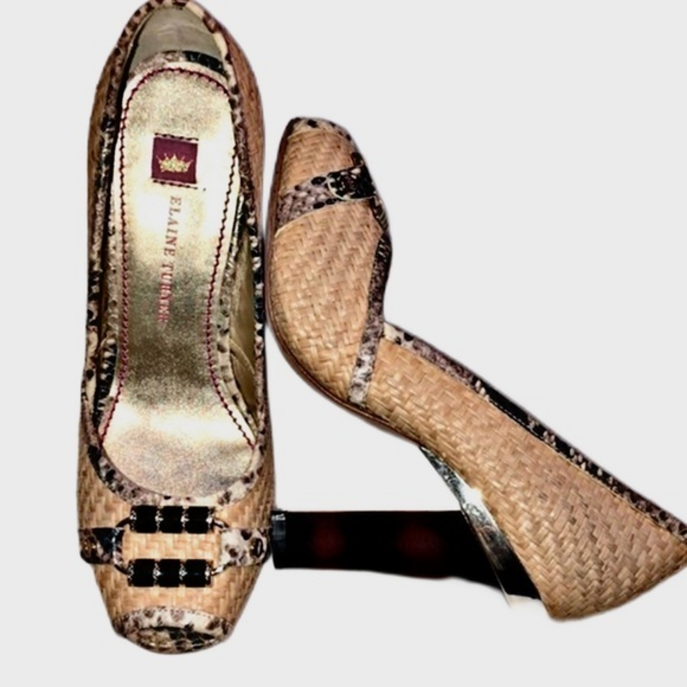 Elaine Turner ValerieStraw Snake Print Peep Toe Block Heel Size 7.5